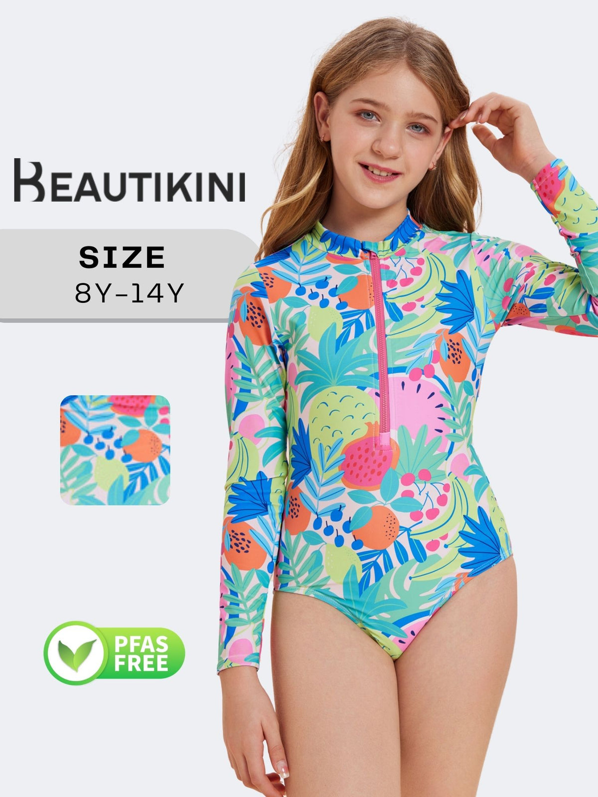 Beautikini Teen Girl Colorful Tropical Printed Long Sleeve Zipper One-Piece Swimsuit