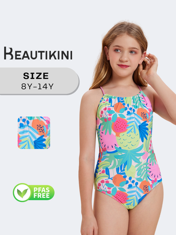 Beautikini Teen Girl Summer Plant Printed Athletic One-Piece Swimsuit For Beach, Girl's Swimwear For Summer Beach Holiday