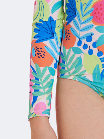 Beautikini Teen Girl Colorful Tropical Printed Long Sleeve Zipper One-Piece Swimsuit