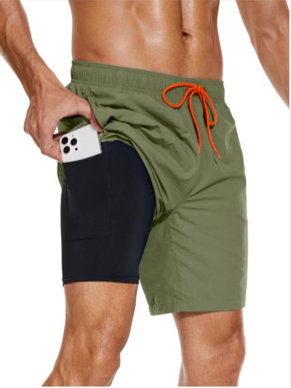 【2 pieces】Men's Regular Fit 2 in 1 Drawstring Waist Pocket Track Shorts, Casual Elastic Waist Shorts for Daily Wear, Soft Comfy Breathable Sleep Shorts